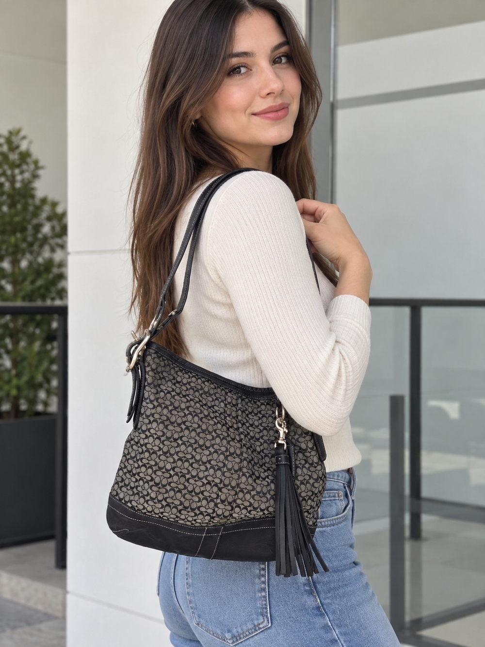 Coach Classic Black Patterned Shoulder Bag